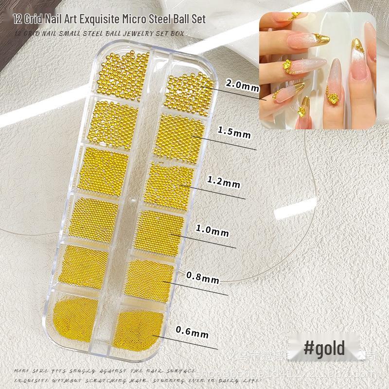 12-Grid Mini Steel Beads Nail Art: Mixed Size Gold & Silver Rhinestones (0.8mm)