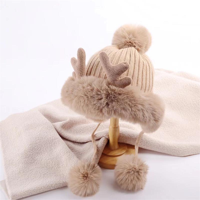 JYL TS DIY Antler Beanie Women Winter Christmas Thickened Ski Hat Acrylic