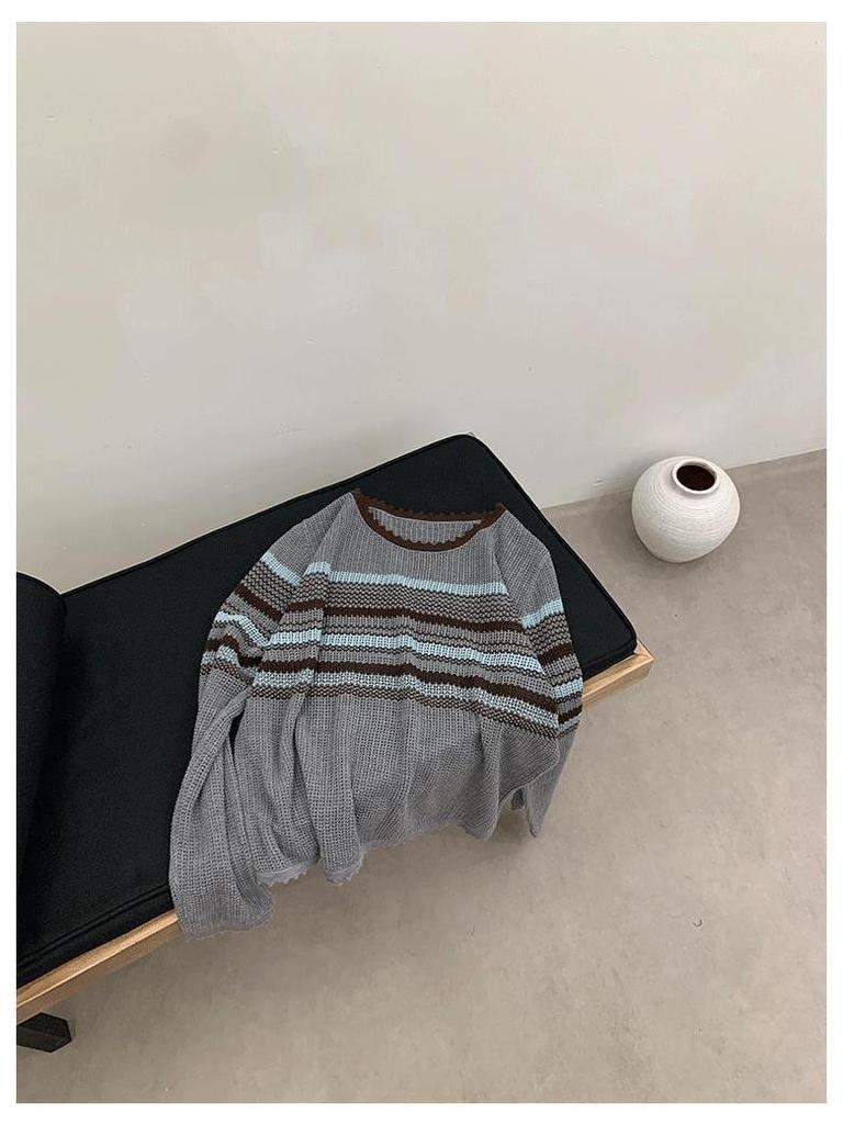 Chic Korean-Style Striped Knit Sweater for Women - 2025 Long Sleeve Hollow Out Top