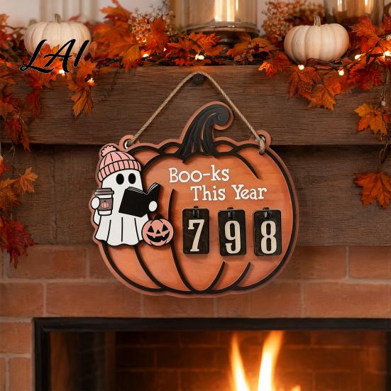 Halloween Reading Counter Ghost Pumpkin Tracker Wooden Hanging Sign Sliding Number for Book Read This Year Digital Spooky Decor with Jute