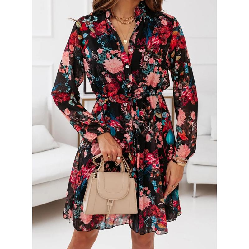 Nové letní šaty s dlouhým rukávem, s květinovým potiskem, vintage, dámské, na knoflíky, se šněrováním v pase, volné košilové šaty, dámská móda, ležérní áčkového střihu, dámské šaty 26201