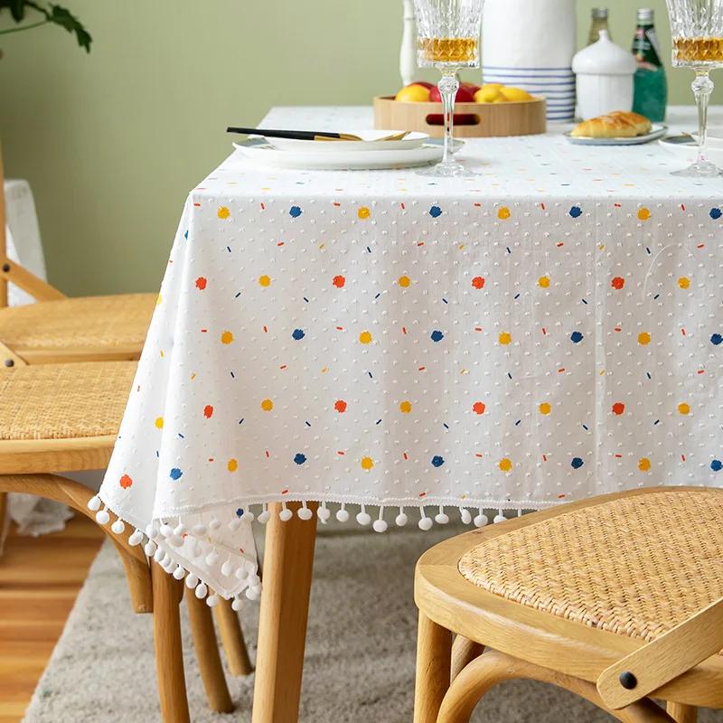White Pompom Tablecloth Rectangle Boho Jacquard Dust-Proof Table Cover For Kitchen Dinning Living Room Tabletop Home Decorations