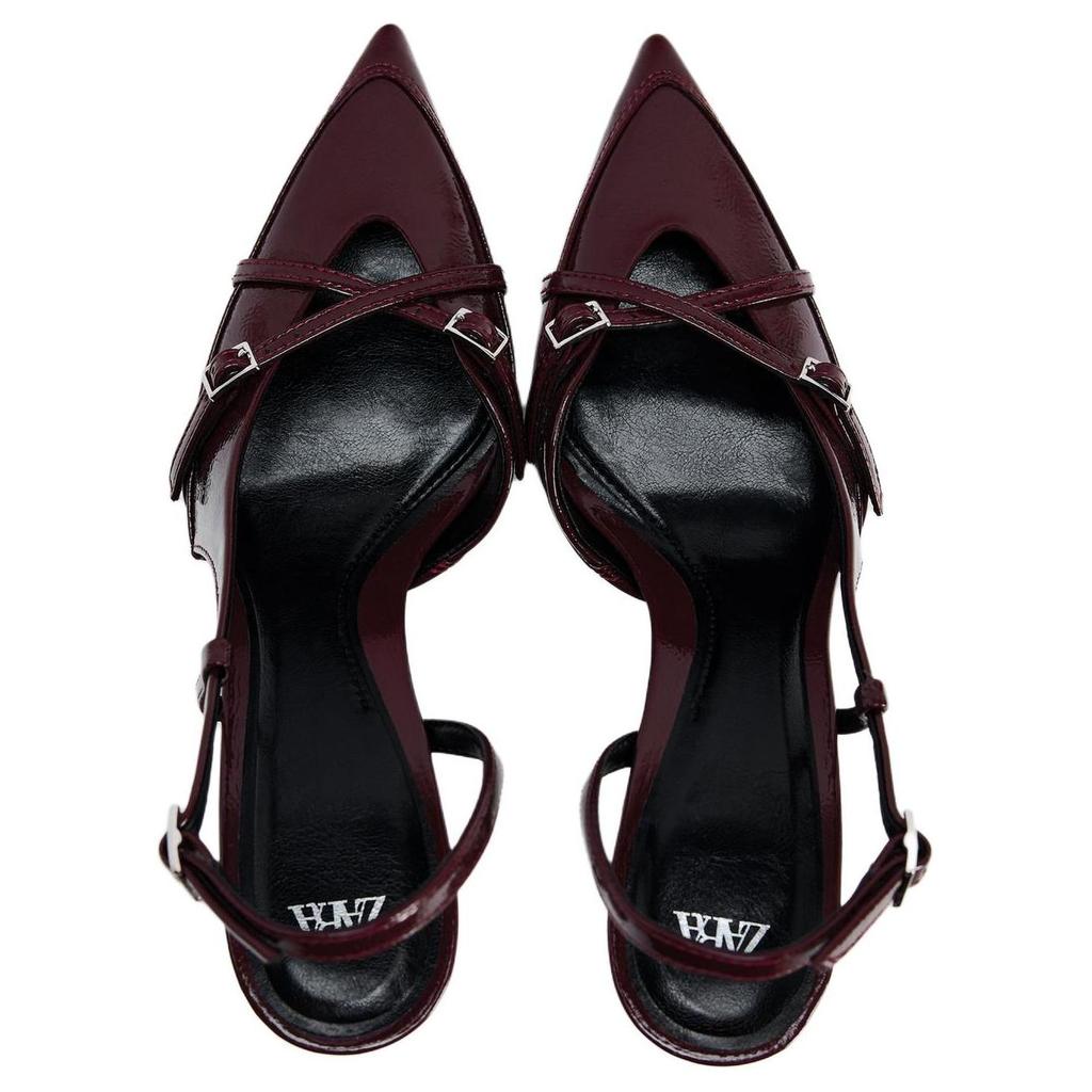 Zara Pu Fashionable Temperament Buckle Strap Pointed Toe High Heels Women High Heels Burgundy 13209410