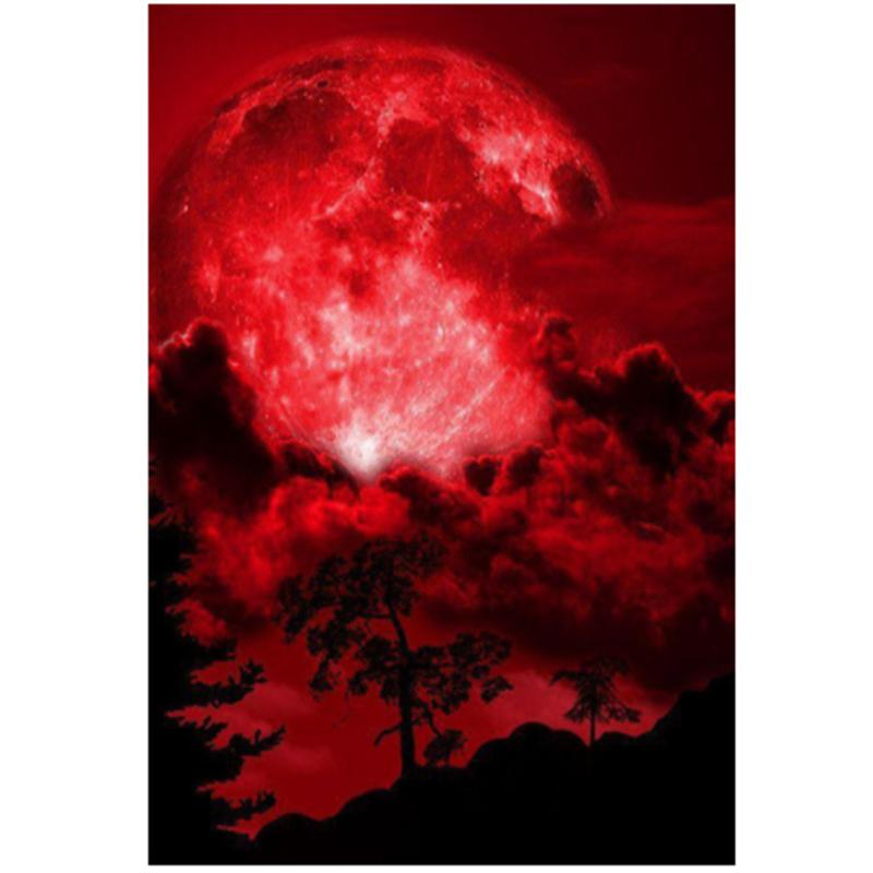 huacan 5D DIY diamantová malba Červený měsíc Diamantová výšivka Křížový steh Krajina Kamínky Mozaika Domácí dekorace