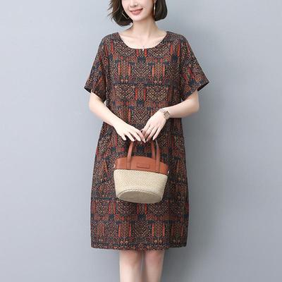 Summer 2025 Retro Print Cotton Linen Dress - Loose Fit for Middle-Aged and Elderly Women