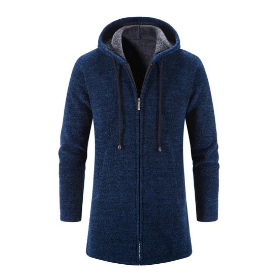 Men Knitting Coat Hooded Drawstring Long Sleeve Solid Color Jacket Zipper Placket Mid-length Warm Winter Jacket