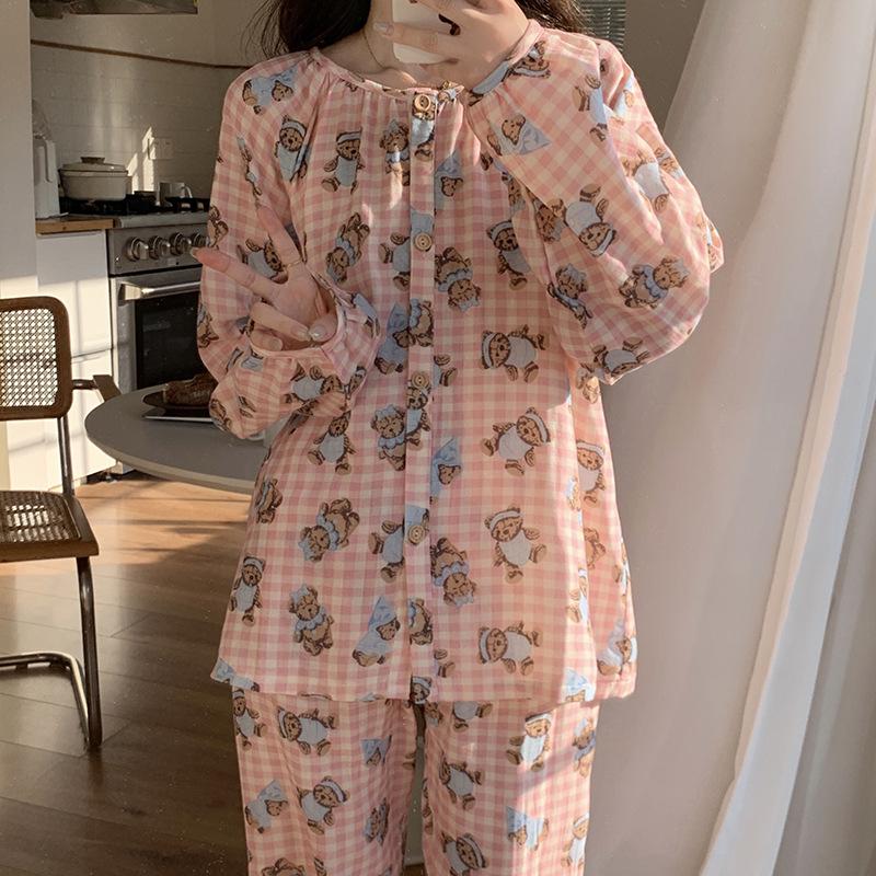 Ladies' Cartoon Pajama Set: Cotton Gauze, Long Sleeve & Pants, Thin Cardigan, Spring/Autumn Style.