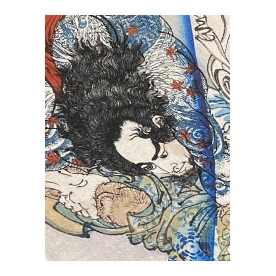 Ukiyo-e Tenugui Towel - Tsukioka Yoshitoshi's "White Waves on a Black Background" (featuring Zhang Shun, Li Kui fighting in the river) - Approx.
