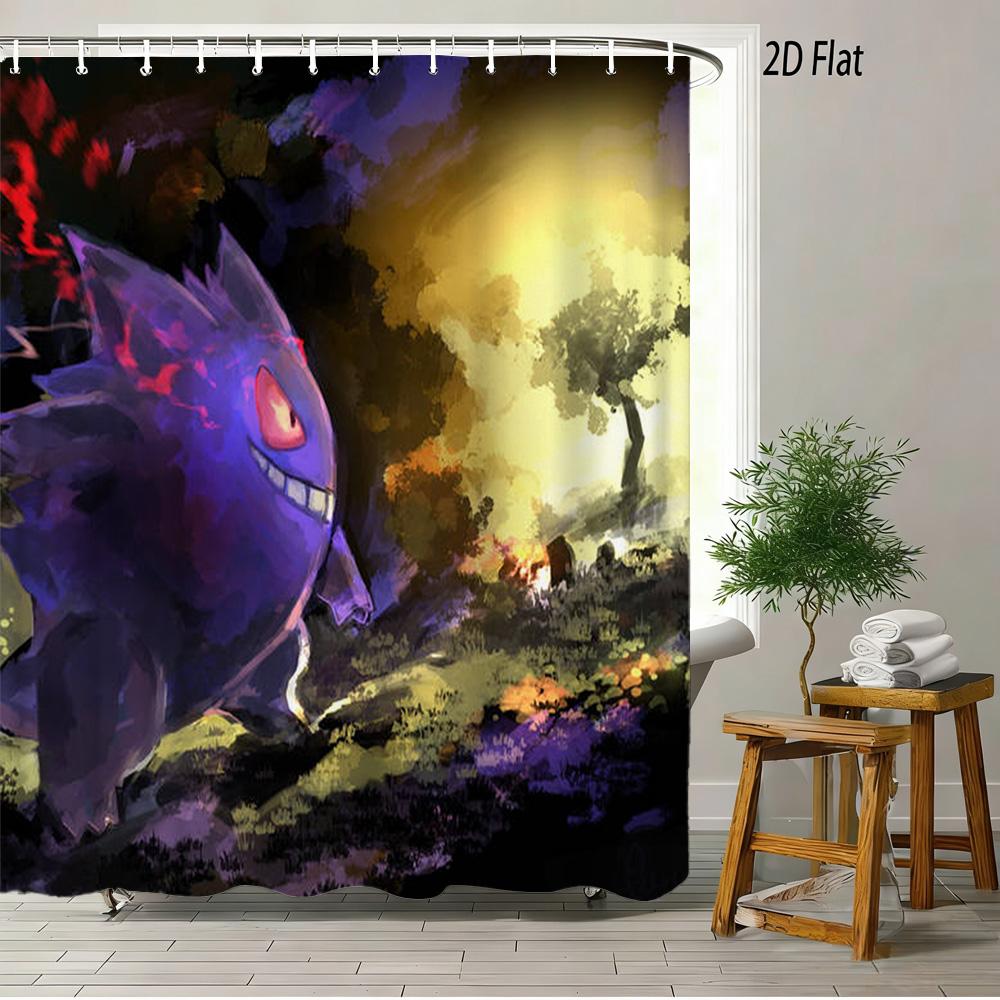 Pokmon Sword And Shield Bede & Allister With Chansey & Gengar Playful Prank Scene 2D Print Waterproof Shower Curtain, Clean Whi