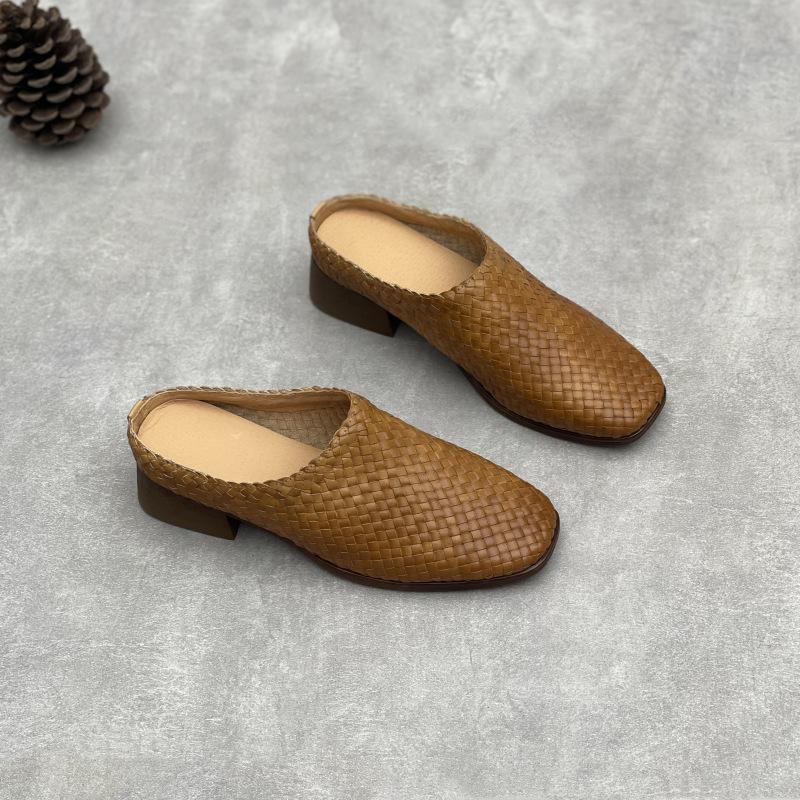 

Women s Shoes, Retro Flip-top Breathable Slippers, Square-toed Half-heeled Shoes 35 верблюд