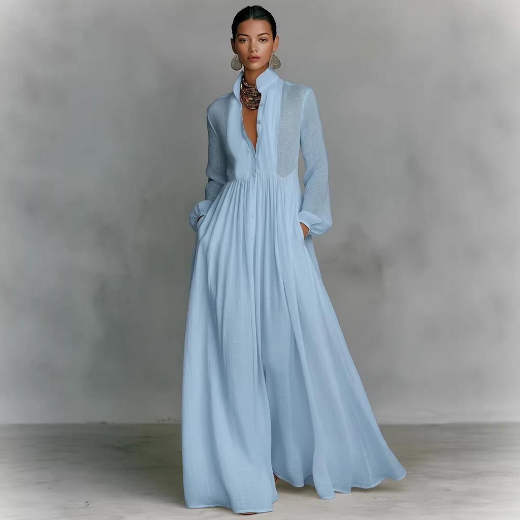 Spring and Summer New Waist Thin Long Sleeves Pleated Characters Long Holiday Skirt French White Jumpsuit Group