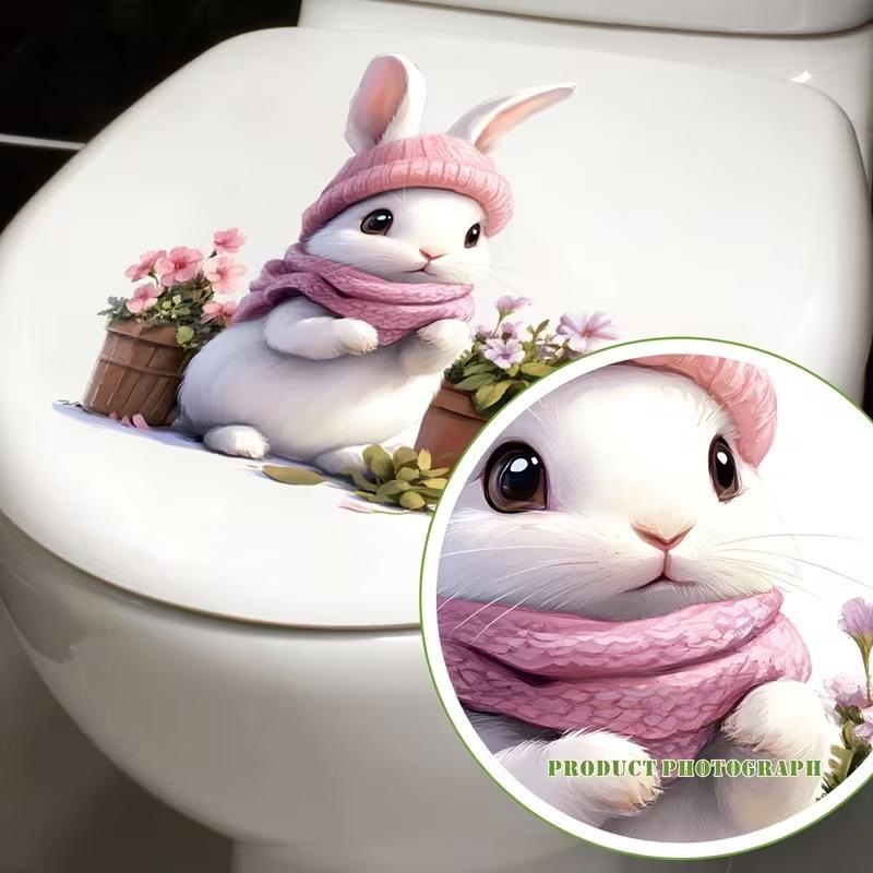 Glow-In-The-Dark Flower Rabbit Toilet Lid Decal Self-Adhesive Removable Toilet Sticker Wall Sticker Home Bathroom Decor