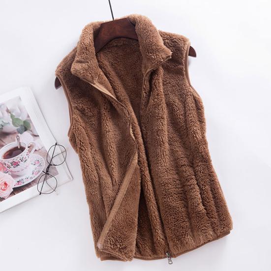 Women Winter Waistcoat High Collar Neck Protection Soft Plush Zipper Closure Solid Color