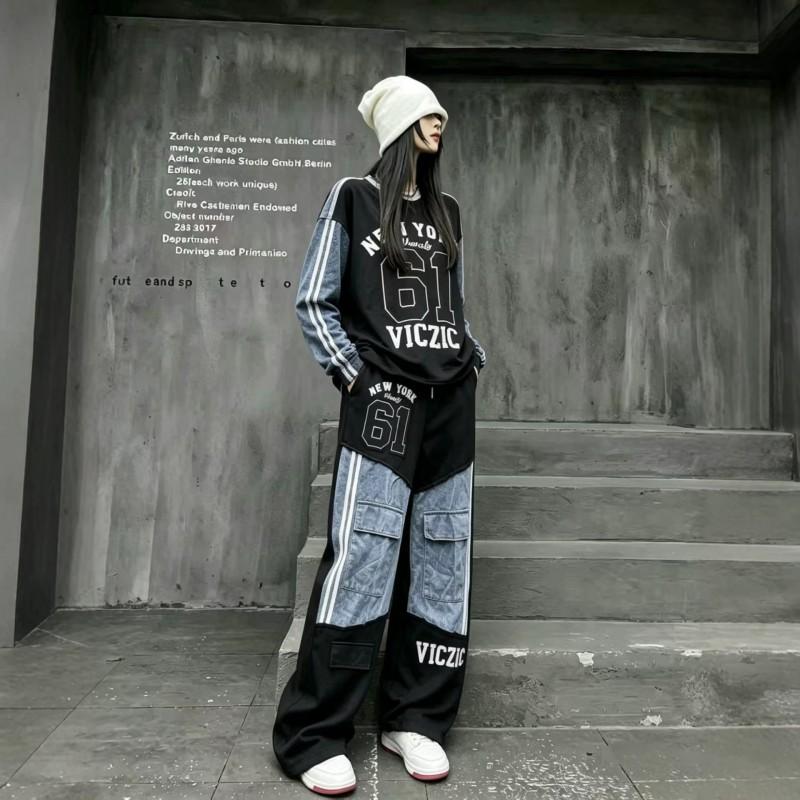 Womens American Style Denim Tracksuit Loose Letter Print Hoodie Cargo Pants Hip Hop Streetwear