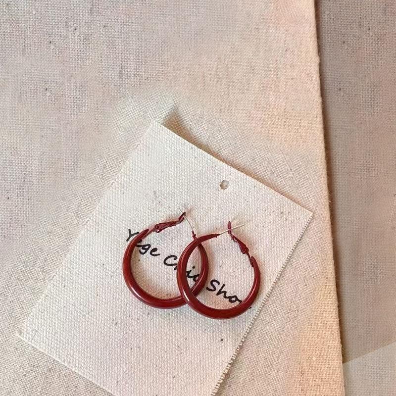 Ankola Red Circle Ear Buckle Retro Hong Kong Style Red Drop Glaze Earrings Niche Simple Earrings