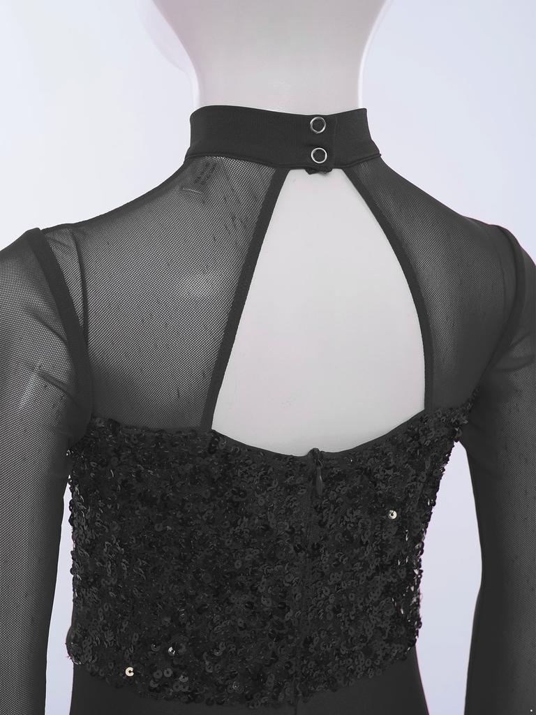 Girls Jazz Dance Costume Mock Neck Long Sleeve Cutout Back Sheer Mesh Sequins Bell Bottom Jumpsuit