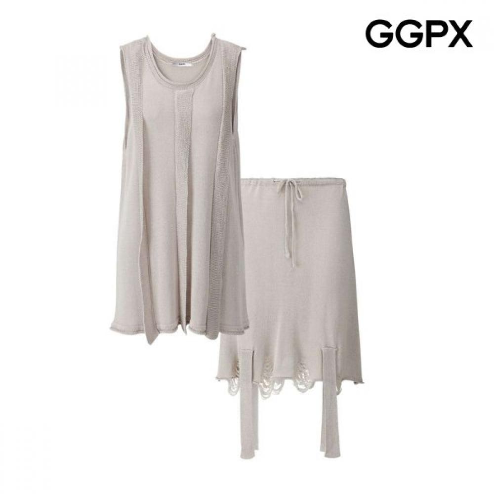 Ggpx New York V Neck Long sleeVeless Knit Damage String Skirt Gq6st016f beige/F