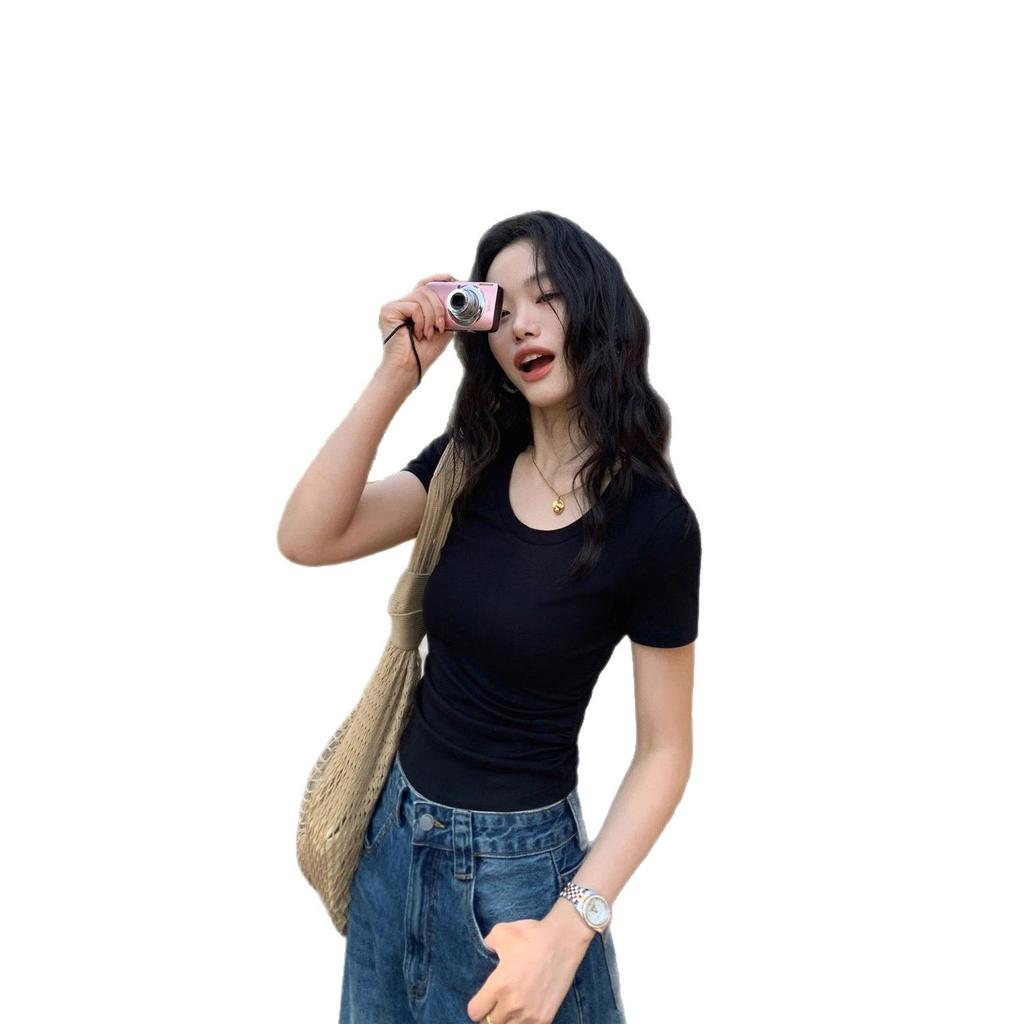 U-neck Slim-fitting Short-sleeved T-shirt Women's Summer New Korean Waist-pinched Thin Bottoming Shirt Spice Girl Atmosphere Top