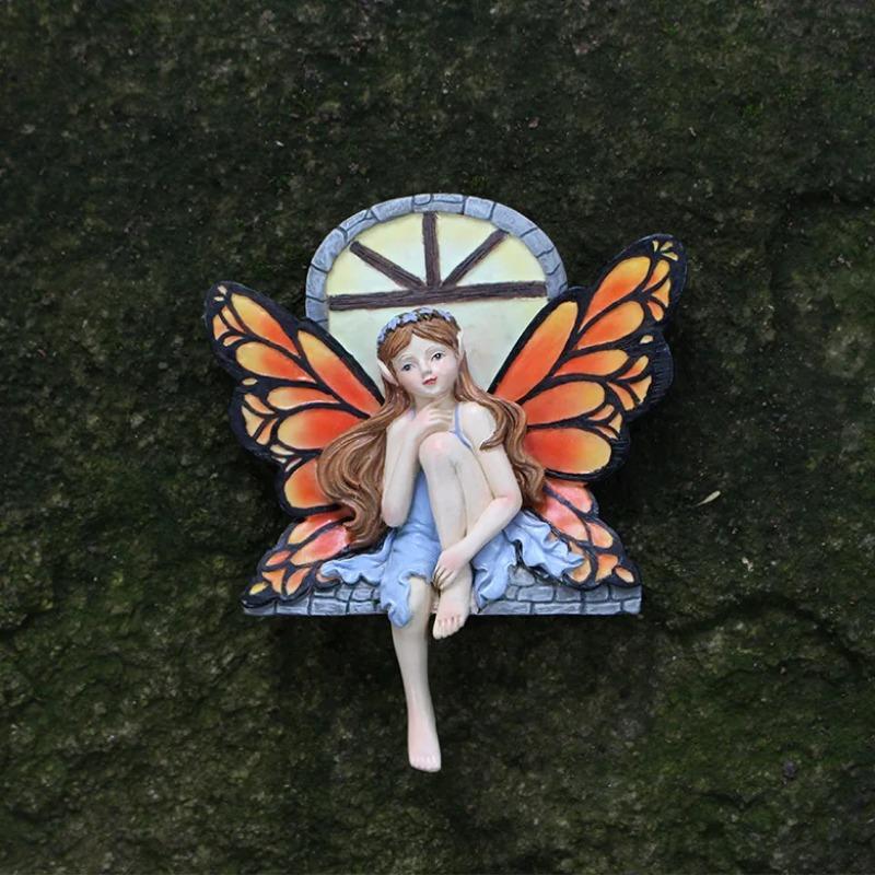 Outside the Window, the Fairy Statue Shines In the Darkness. Wall Art Sculpture, Outdoor Tree Face, Courtyard Decoration (red)