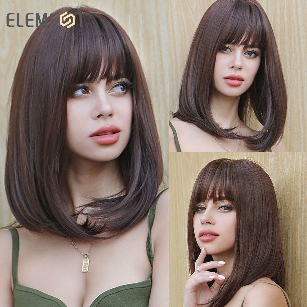 Paruka Bob Lucu Rambut Warna Merah Anggur Lurus Pendek Sintetis Elemen untuk Pesta Paruka Wanita Putih/Hitam atau Pakaian Sehari-hari