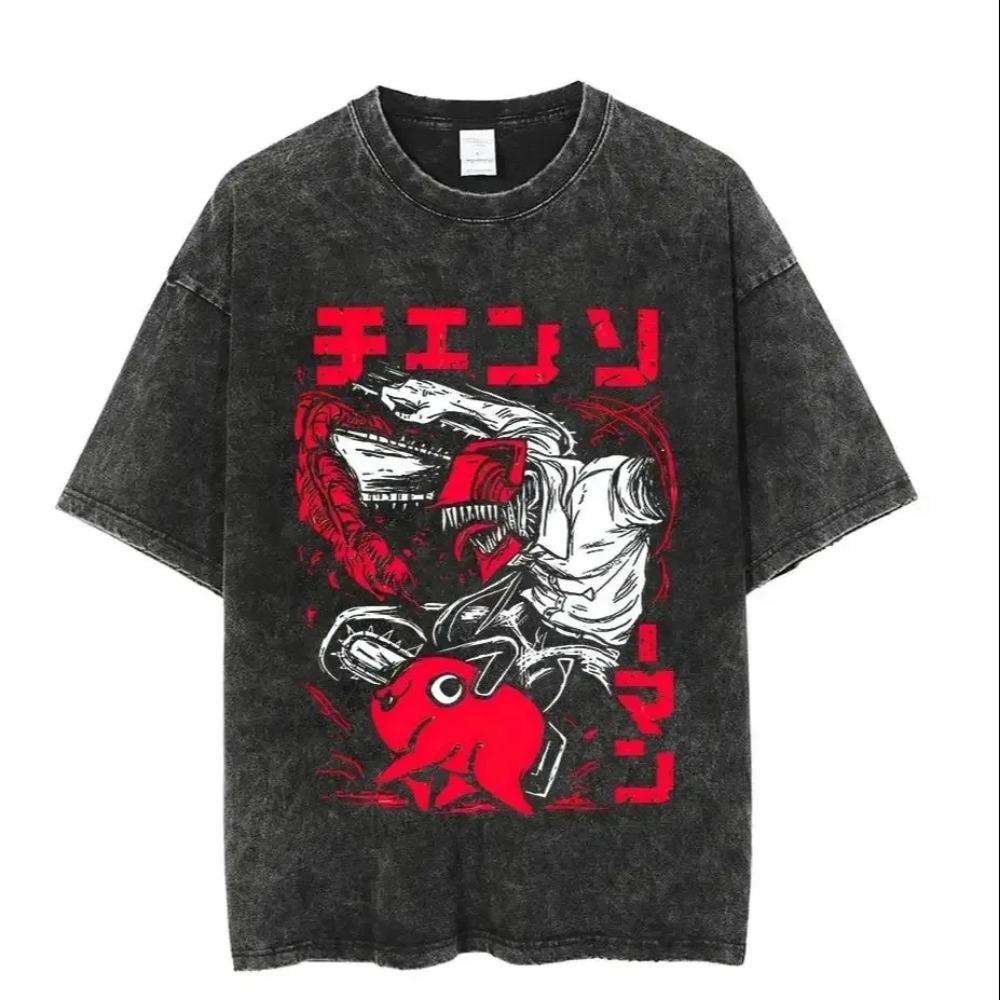 Vintage Washed Tshirts Chainsaw Man Anime T Shirt for Men Women Harajuku Oversize Tee Cotton Streetwear Unisex Tops
