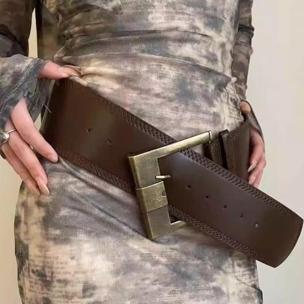 Y2K Retro Breiter Taillengürtel Dornschließe PU-Leder Taillenbänder Vintage Metallschnalle Breiter Gürtel Oberbekleidung