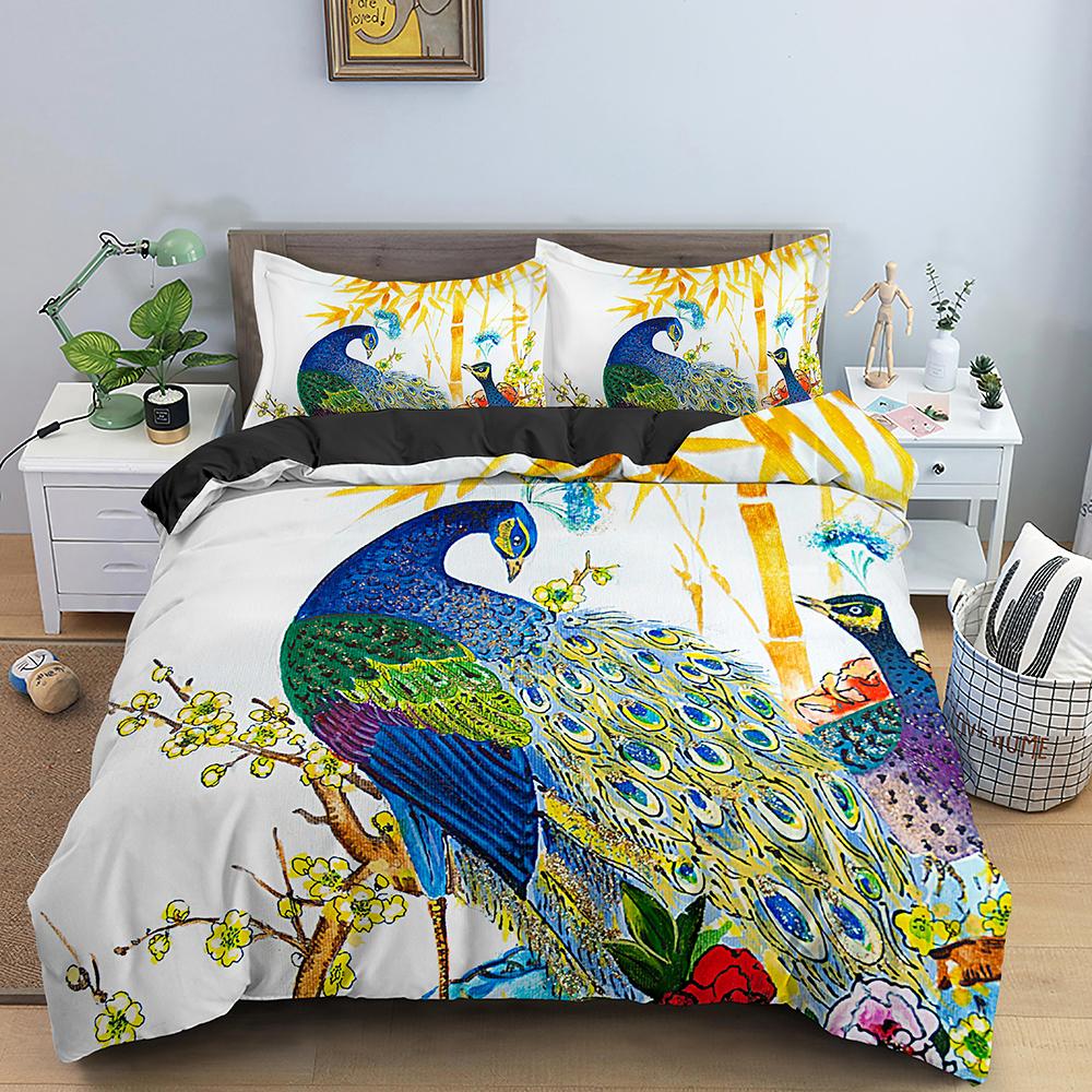 Peacock Duvet Cover King Queen Size Hummingbird Dragonfly Bedding Set Flowers Birds Quilt Cover Floral Animals Comforter Cover