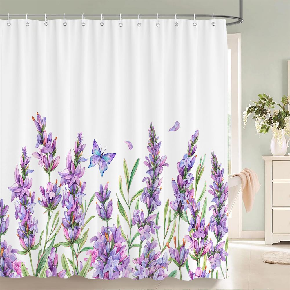 Lavender Shower Curtains Watercolor Purple Floral Plant Waterproof Polyester Bathroom Bathtub Curtain Room Decor With Hooks