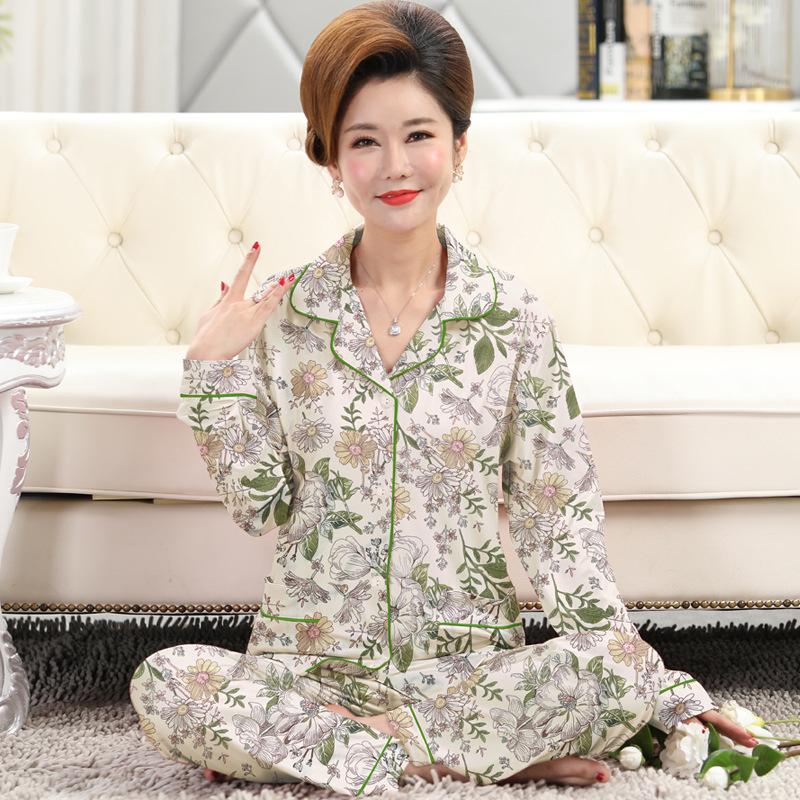 Frühlings- und Herbstpyjama Damen Imitationsbaumwolle langärmelig dünn hochwertig reiche Blume Mutter Loungewear-Set