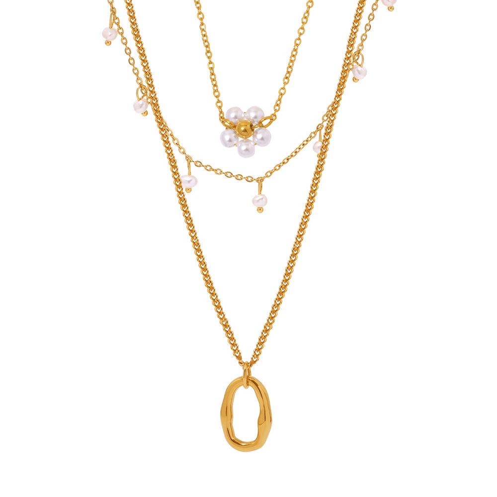 Qiong Yao European American Fashion Pearl Flower Multi-layer Necklace with Light Luxury Design and Stainless Steel Clavicle Chain