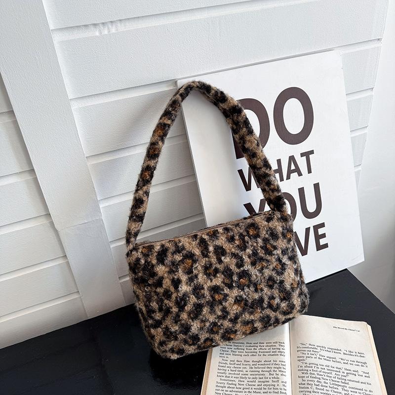 Retro Leopard Plüsch Umhängetaschen für Damen Leichte Tragbare Damen Handtaschen Geldbörse Winterlich Lässig Quadratische Achseltasche für Damen
