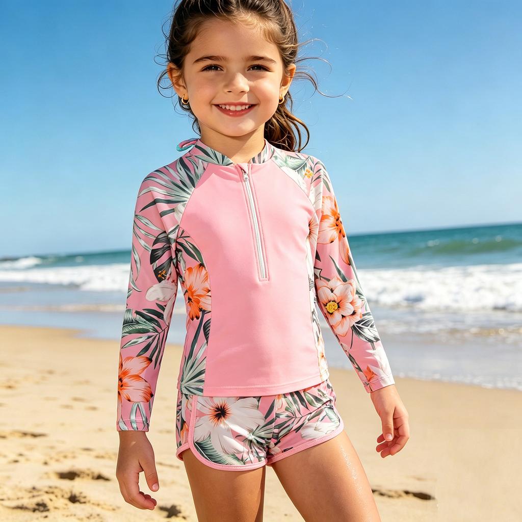 Dívčí Rash Guard Plavky Set Dlouhý Rukáv Zip Vpředu Horní Díl s Tropickým Potiskem a Pasové Plavky Dvoudílné Plavky pro Děti