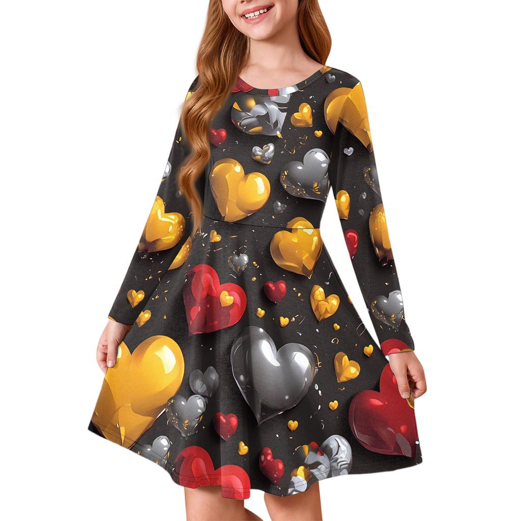 Sommer-Prinzessinenkleid für Mädchen - Langärmeliges A-Linien-T-Shirt-Kleid Valentinstag