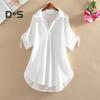 Damen-Hemd mit Revers, halbe Ärmel, mittellang, lässige Oberteile, einfarbig, tailleneng, lockere Passform, Chiffonbluse für den Alltag