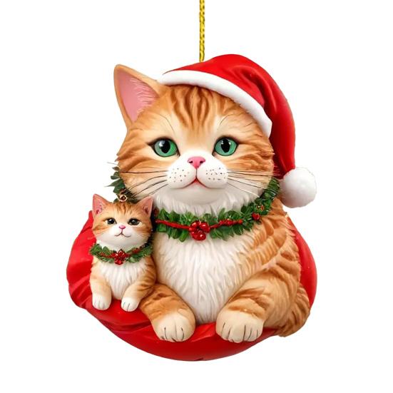 Christmas Pendant 2D Acrylic Cat Wearing Xmas Hat Charm Car Hanging Ornament Festive Atmosphere