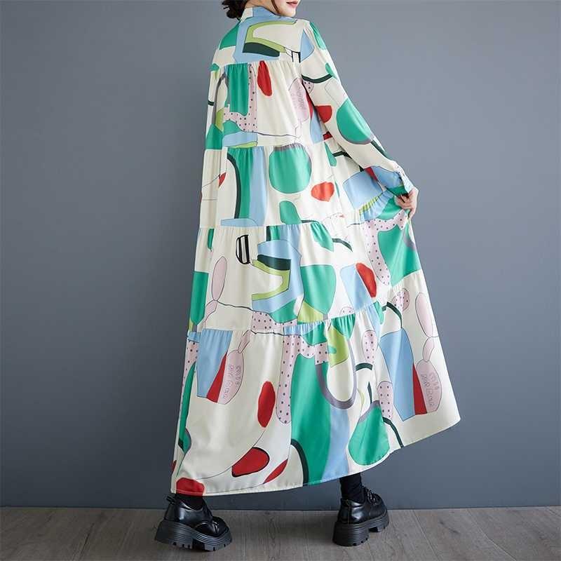 Loose and Thin Fashion Long-sleeved Printed Mid-length Dresses