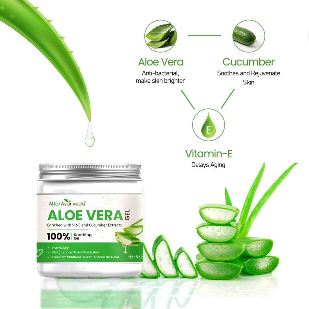 Attar Ayurveda Natural Aloe Vera Gel For Face Skin Hair 200 Ml With Vitamin E & Cucumber Extract Non Sticky Paraben Free