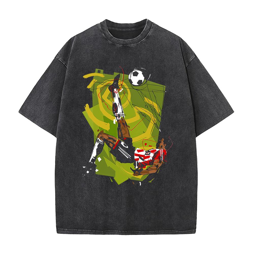 Anime Football Printed T-shirt Vintage Washed Oversized T Shirt Summer Short Sleeve Pure Cotton Tees Tops Clothing