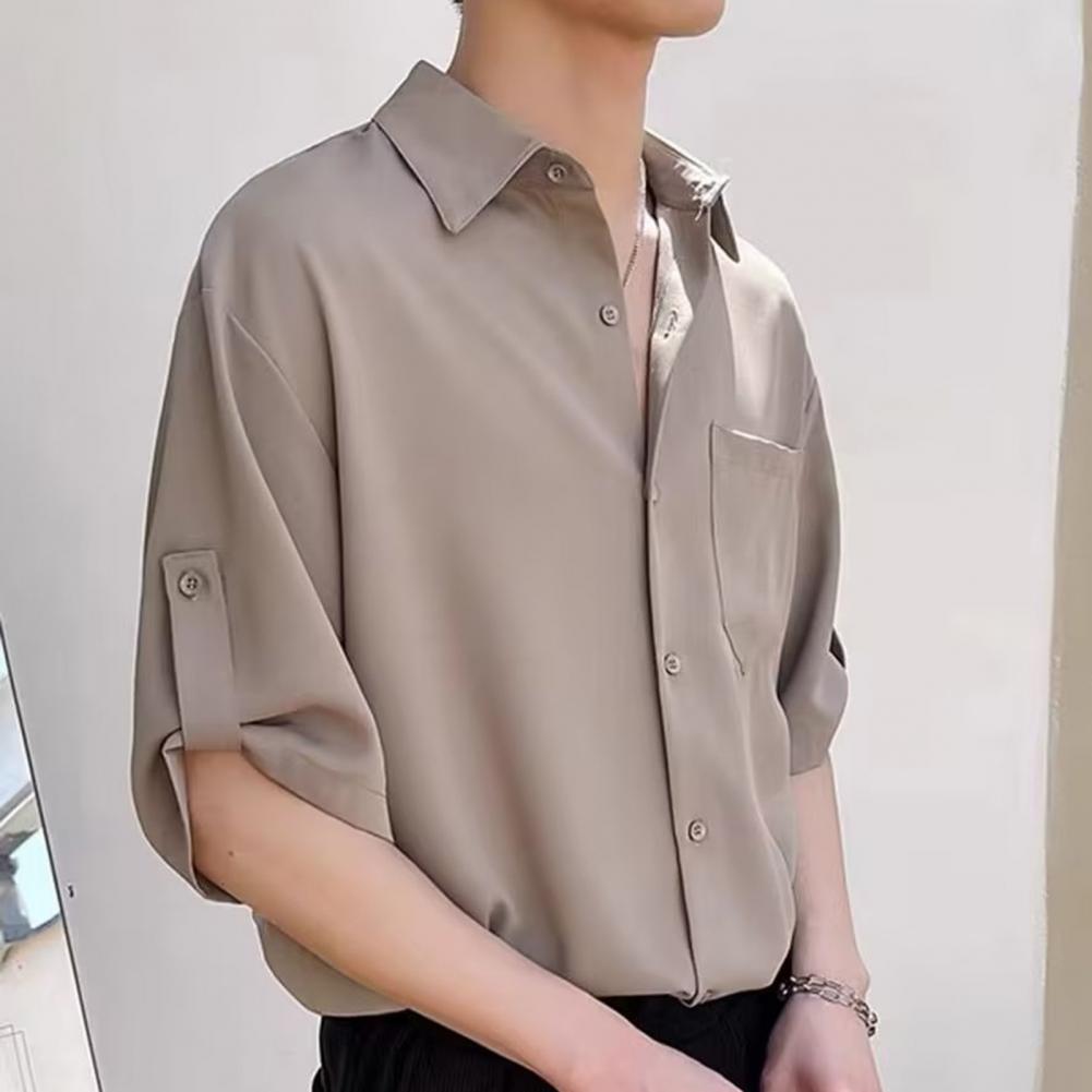 Men Summer Shirt Solid Color Buttons Lapel Half Sleeves Single-breasted Loose Chest Pocket Cufflink Soft Breathable Quick-drying