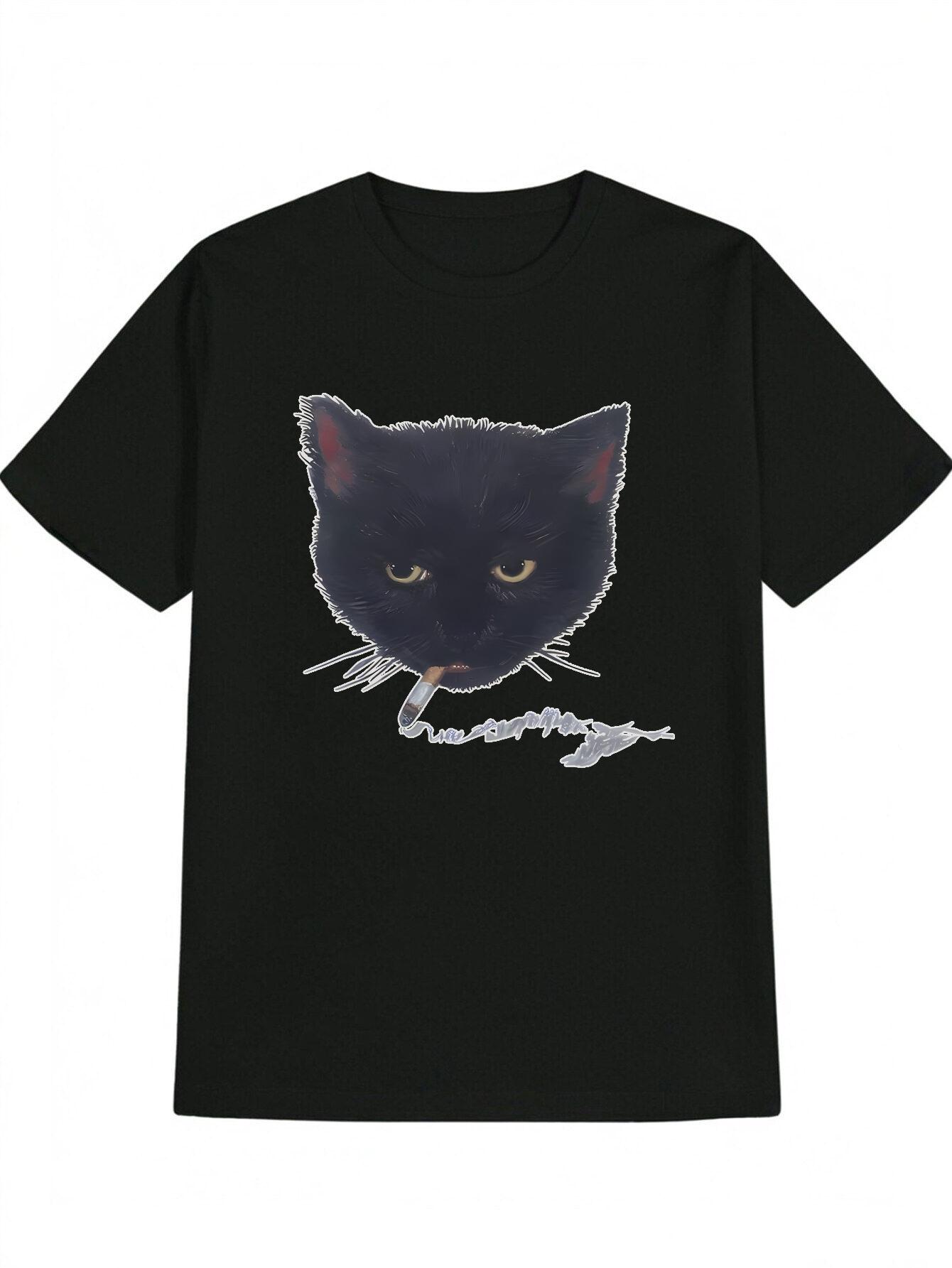

Casual Graphic T-shirt with Black Cat & Perked Ears Print - Soft Round Neck Summer Tee L
