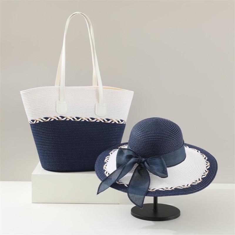 Summer Straw Hat And Bag Set With Large Brim For Beach Travel And Sun Protection