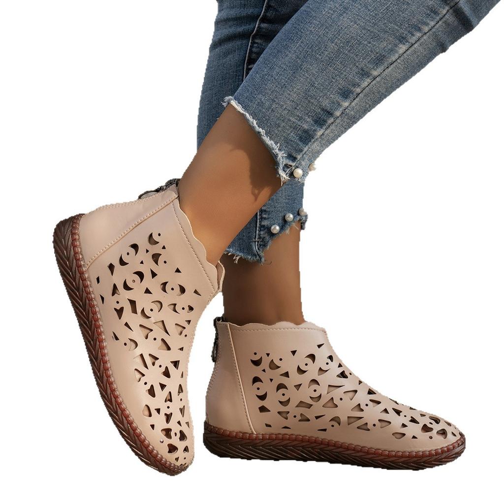 New Women's Round Toe Hollow Cutout Boots Retro Back Zipper Sandal Boots