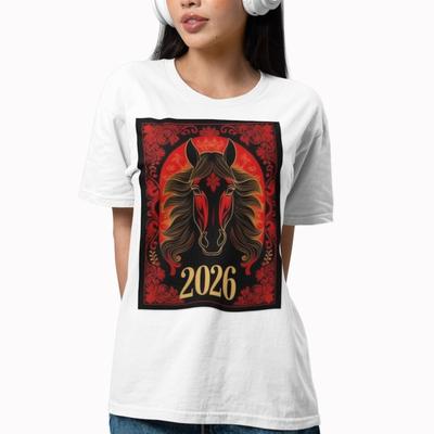Chinesisches 2026 Jahr des Pferdes T-Shirt Tierkreiszeichen Shirt für das Mondneujahr Feuerpferd Lässige Mode Weich Bequem Mode Outdoor T-Shirt