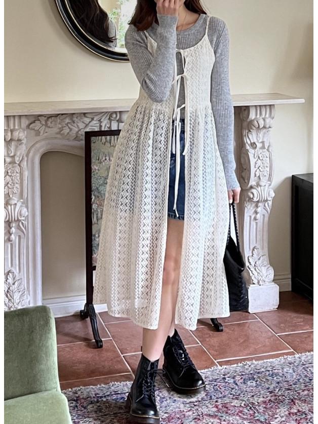 Korean Chic Lace See-Through Strappy Dress & Tie Cardigan - 2026 Spring/Summer Collection for Women