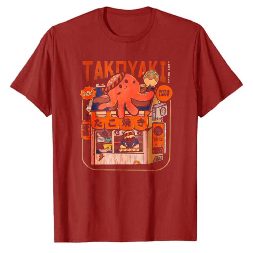 Vintage Takoyaki Japanischer Essensstand Oktopus Grafik T-Shirt Retro Anime Stil Baumwolle Locker Streetwear Lässig Unisex Tägliche Oberteile