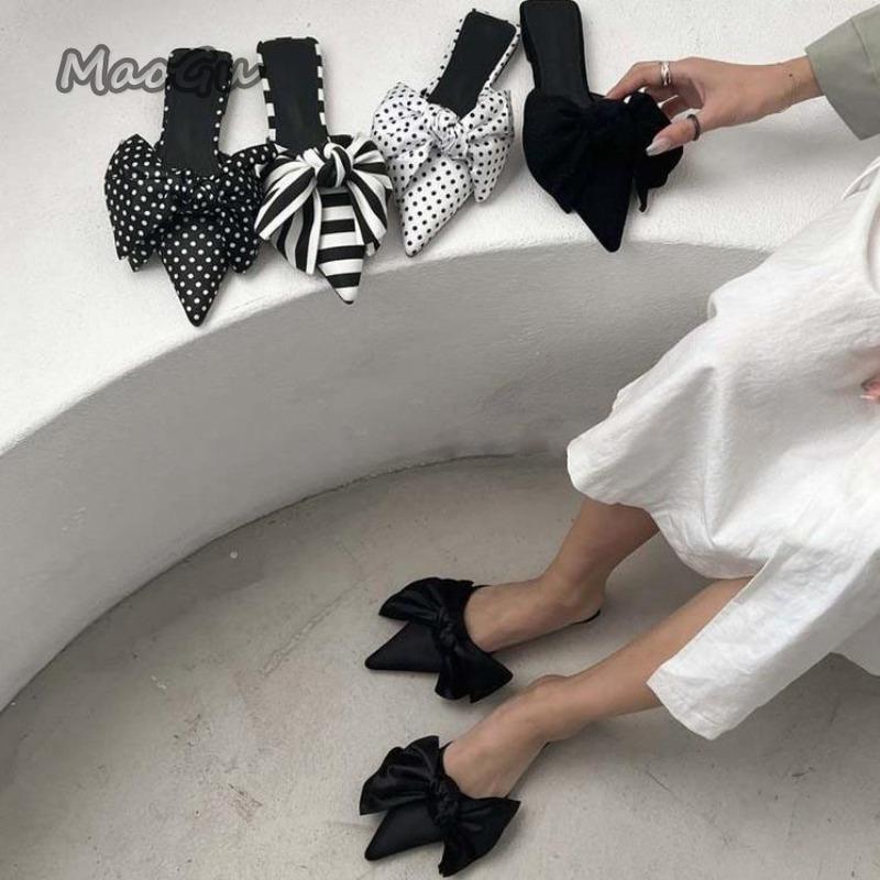 Fashion Oversize Bowtie Mule Shoes Women Fashion Pointed Toe Stripe Wave Slip-on Sandals Ladies Luxury Satin Silk Outdoor Flat Slippers