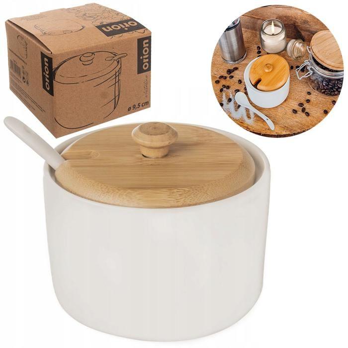 Sucrier - WHITELINE - 240ml - Porcelaine blanche - Couvercle en bambou - Pratique et décoratif