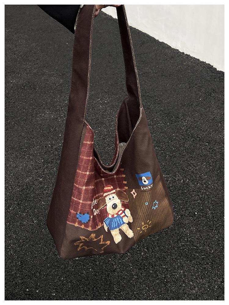 Plaid Canvas Tote Bag: Cute Cartoon Design, Large Capacity, Commuter-Friendly Shoulder Bag for Women