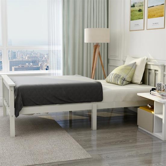 Double Bed Natural Color Flat with Headboard Ergonomic Design Strong Wooden Load Bearing Wood Slat Support Home Furniture Platform