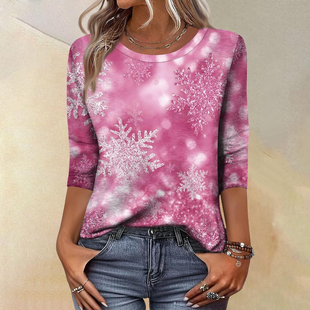 Women's Fashion Casual Christmas Tree Printed Round Neck Three-Quarter Sleeve T-Shirt Top